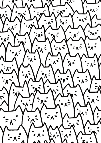 Verspielte Katzenmotive - Katzen, Kätzchen, Kritzelei, handgezeichnet, nahtloses Muster, Strichzeichnung, Schwarz-Weiß, Malvorlage, Katze, niedlich, sich wiederholendes Muster, Tapete, Hintergrund, minimalistisch, verspielt - Kunstdruck