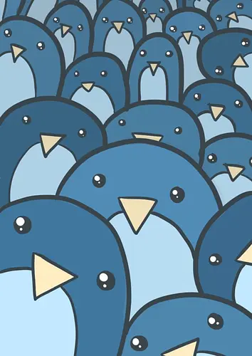Eine Schar verspielter Pinguine - Vögel, niedlich, blau, Schwarm, Menge, Cartoon, Kritzelei, Illustration, Gesichter, skurril, witzig, Kinder, Kinderzimmer, Tapete - Artprint