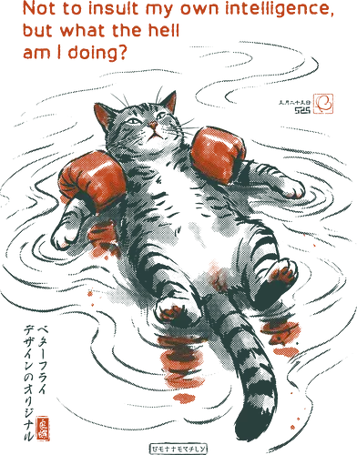 What The Hell Am I Doing? - cat, sarcasm, funny, vintage, retro, japanese, quote, float, funny cat, existential dread, relatable humor, art print, sarcastic, confuse, mood - Standard T-Shirt