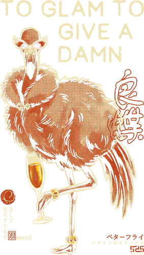 To Glam To Give a Damn - ostrich, funny, vintage, retro, japanese, quote, glam, champagne, fabulous, sassy, art print, funny bird, attitude, sunglasses, mood - Standard T-Shirt