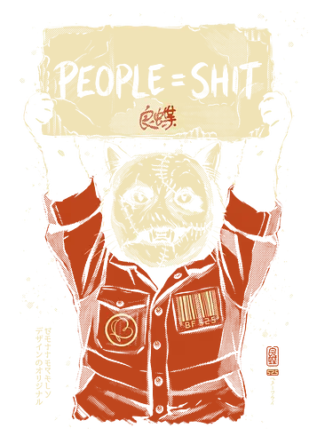 People = Shit - cat, funny, vintage, retro, japanese, metal, Metal, parody, heavy metal, dark humor, art print, funny cat, mask, sarcastic, mood - Standard T-Shirt