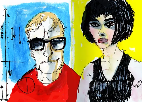Zwei Blicke - Manfred Schloesser, Urban Sketching, Tuschezeichnung, Ink Sketch, Aquarell Kunst, Expressive Art, Modern Portrait, Grafik Design, Contemporary Art, Galerie Shirt, Primärfarben, Kontrast, Linienkunst, Line Art Portrait. - Standard T-Shirt