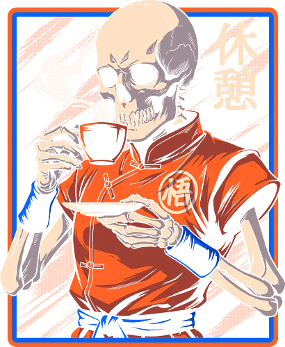 Coffee Break - skeleton, horror, coffee, chinese, asia, oriental, vintage, gothic, dark, skull, culture, cafe, illustration, macabre, spooky, retro, creepy, bones, warrior, halloween - Standard T-Shirt