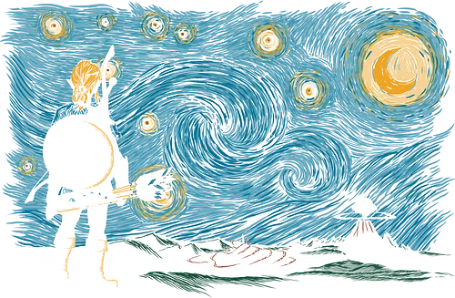 Starry Breath - adventure, van gogh, starry night, gaming, art, kunst, traditional art, Hero of Time, Breath