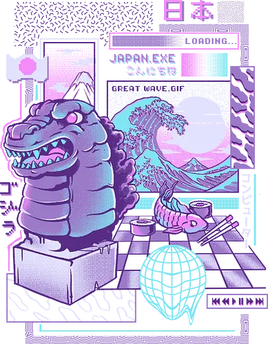 Japan Wave - 8 bit, pixel, nippon, japan, hokusai, art, monster, kaiju, Vaporwave