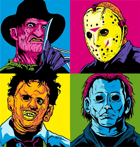 Pop Horror - nightmare on elm street, freddy krueger, friday the 13th, jason, texas chainsaw massacre, halloween, mike myers, mashup, andy warhol, popart, leatherface