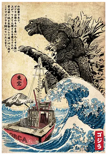 Orca in Japan Woodblock - film, mashup, orca, jaws