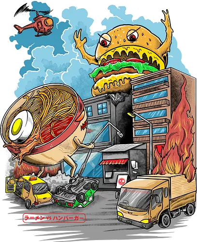 Burger vs Ramen - burger, ramen, noodlesoup, kaiju, monster, japan, nippon, food, essen, nudeln, suppe, hamburger, cheeseburger Burger vs Ramen - burger, ramen, noodlesoup, kaiju, monster, japan, nippon, food, essen, nudeln, suppe, hamburger, cheeseburger