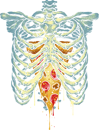 Pie Or Die - pizza, skeleton, skelett, herz, Brust, hrt