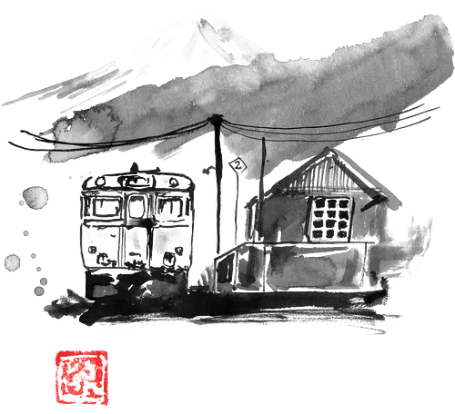 Japanese train station - japan, nippon, art, kunst, sumi-e, Train Station, Bahnhof