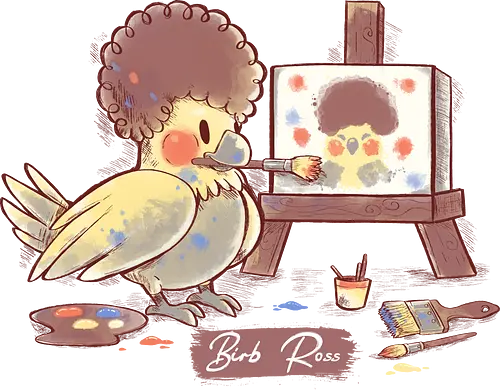 Birb Ross - birb, bird, bob ross, happy little accidents, art