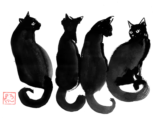 4 black cats - cat, katze, Black Cat, sumi-e