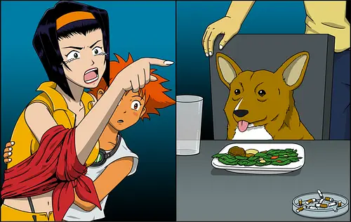 Woman Yelling at a Data Dog - meme, fun, cowboy, bebop, anime, mashup, Girl yelling at cat