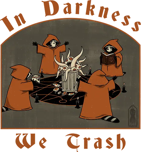 In Darkness We Trash - trash panda, raccoon, goth, pentagram