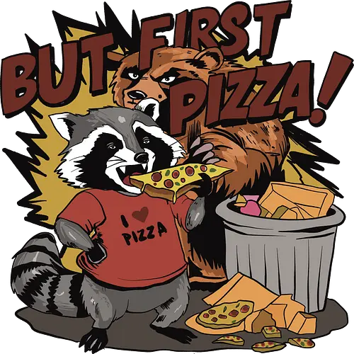 raccoon ting a slice of pizza - pizza, raccoon, trash