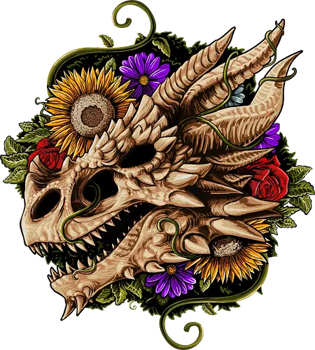 Draco Flores - dragon, Flowers, skull