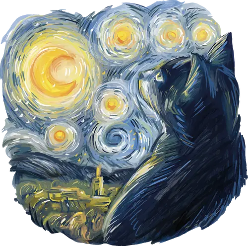 Cat in the Starry Night - moon, cat, drawing